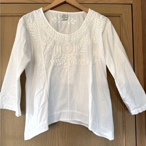 Vintage Abrazo style Cotton White Embroidered 3/4 Sleeve Blouse Scoop Neck MED